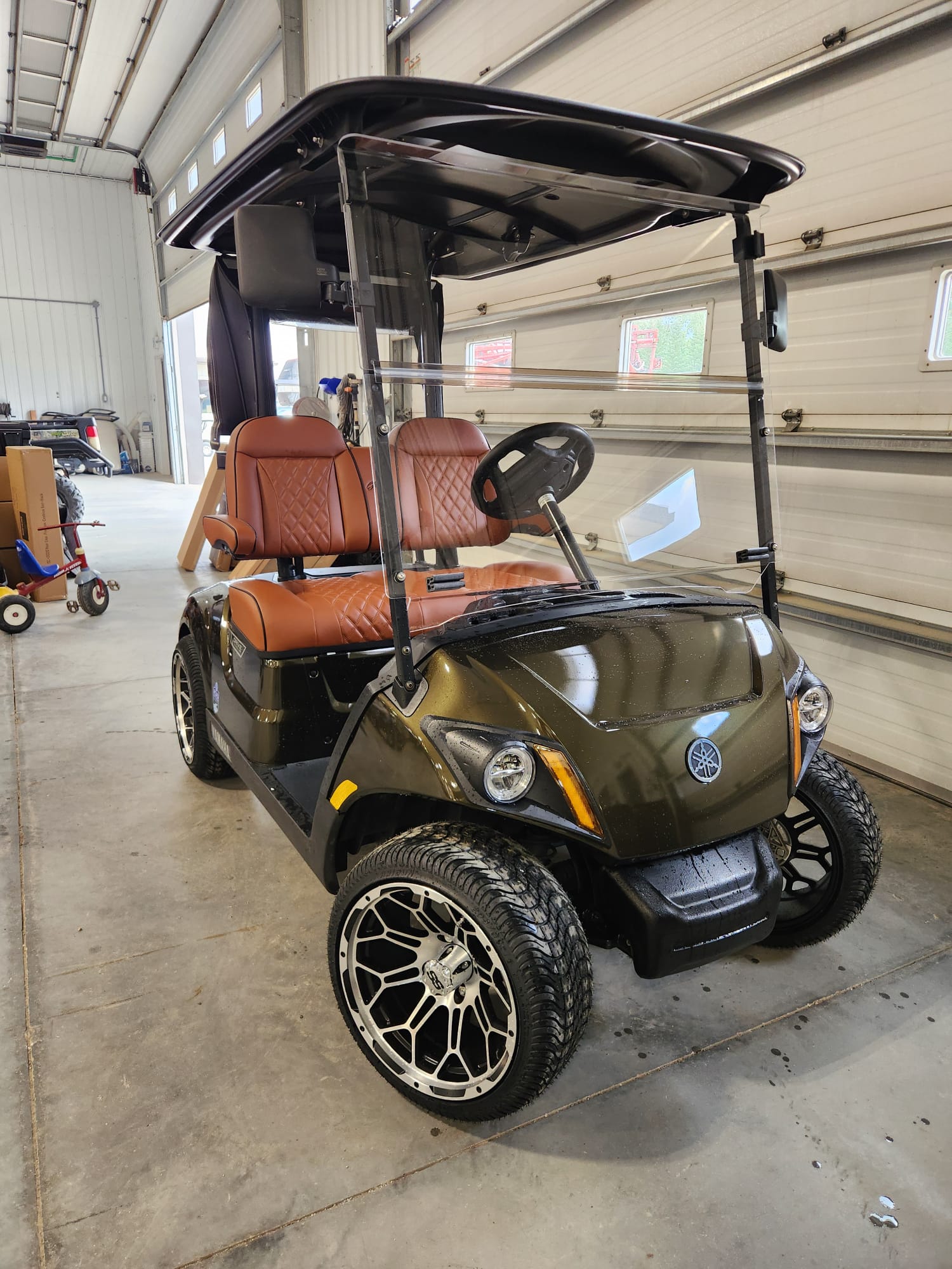 Olive Yamaha cart with tan leather interior