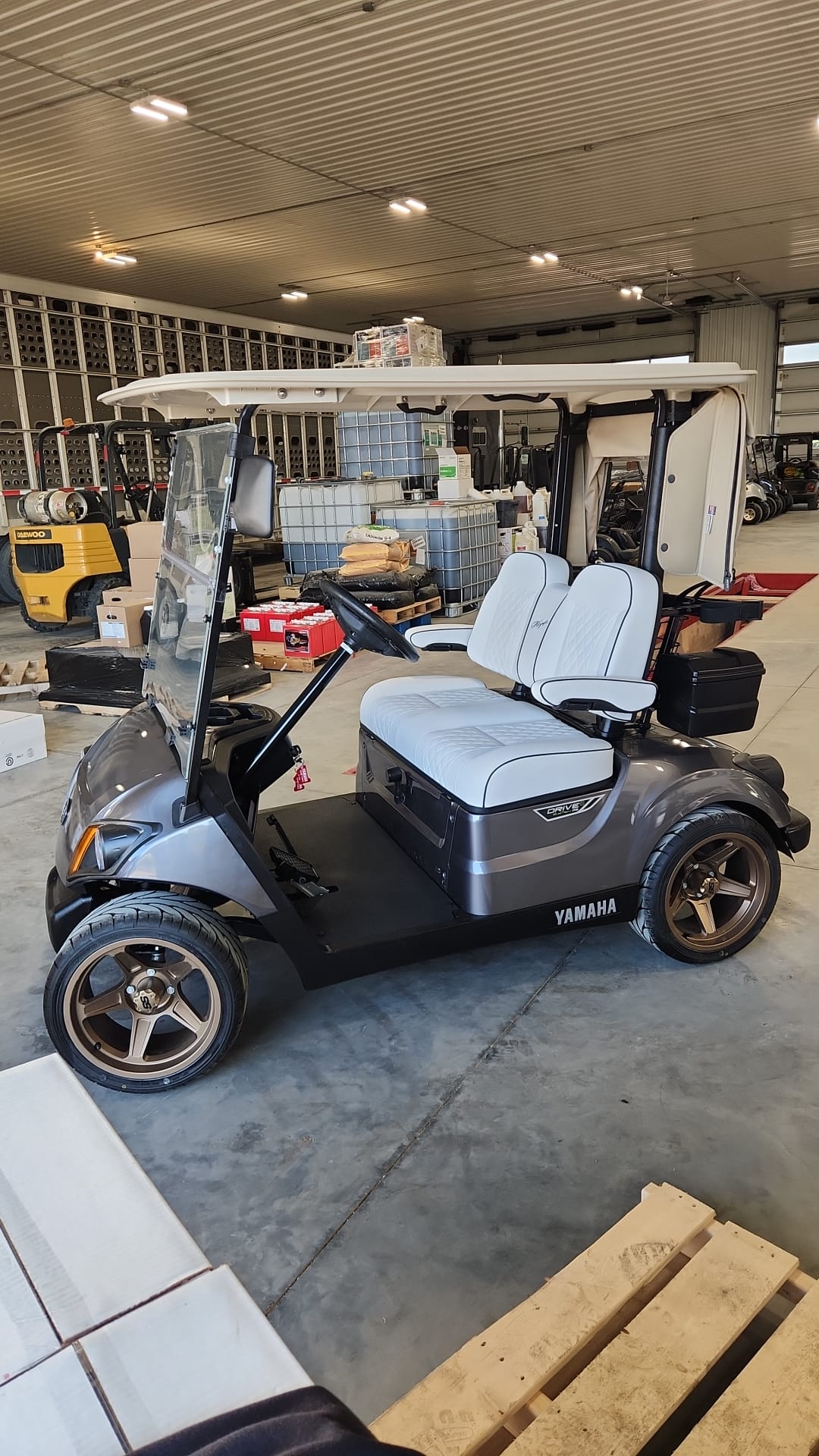 Silver Yamaha with white diamond-stitched seats